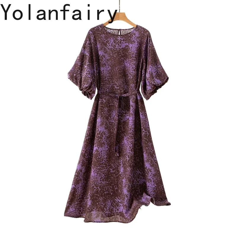 

YOLANFAIRY 100% Mulberry Silk Summer Dress Woman 2025 Lantern-sleeved Purple Leopard Printed Dress Lace-up Vacation Dresses 여름옷