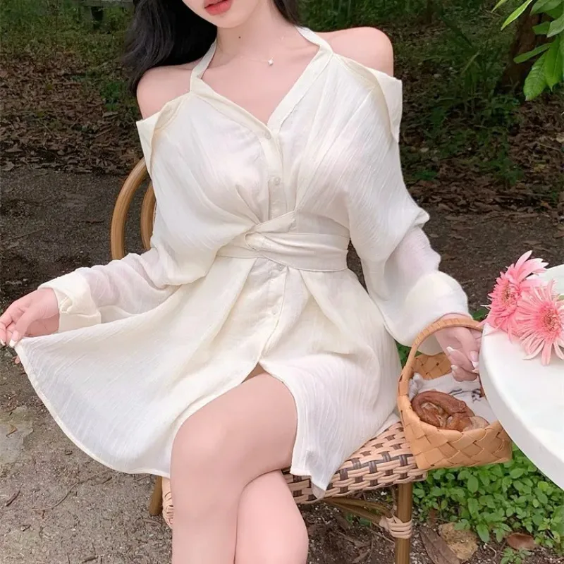 Sukienka koszulowa z odkrytymi ramionami, podkreślająca talię, damska, retro, krótka spódnica, szorty, dwuczęściowy komplet.