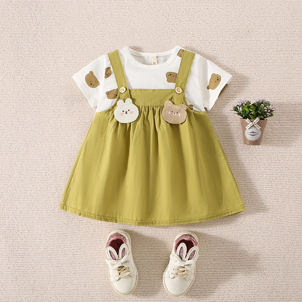 Summer New Girl Baby Dress Strap Dress Cartoon Animal Two Piece Set T-shirt Little Bear Print Sweet Princess Dress