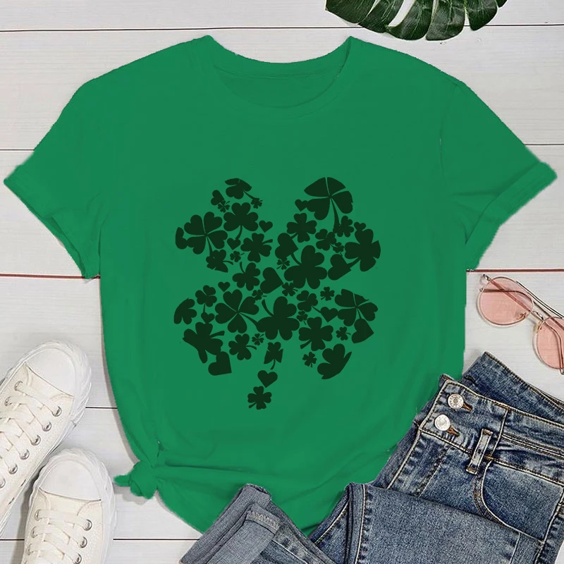 (Premium T-shirt)St. Patrick'S Day Clover Print T-Shrits For Women Summer Short Sleeve Round Neck Cute Loose T-Shirt Creative T