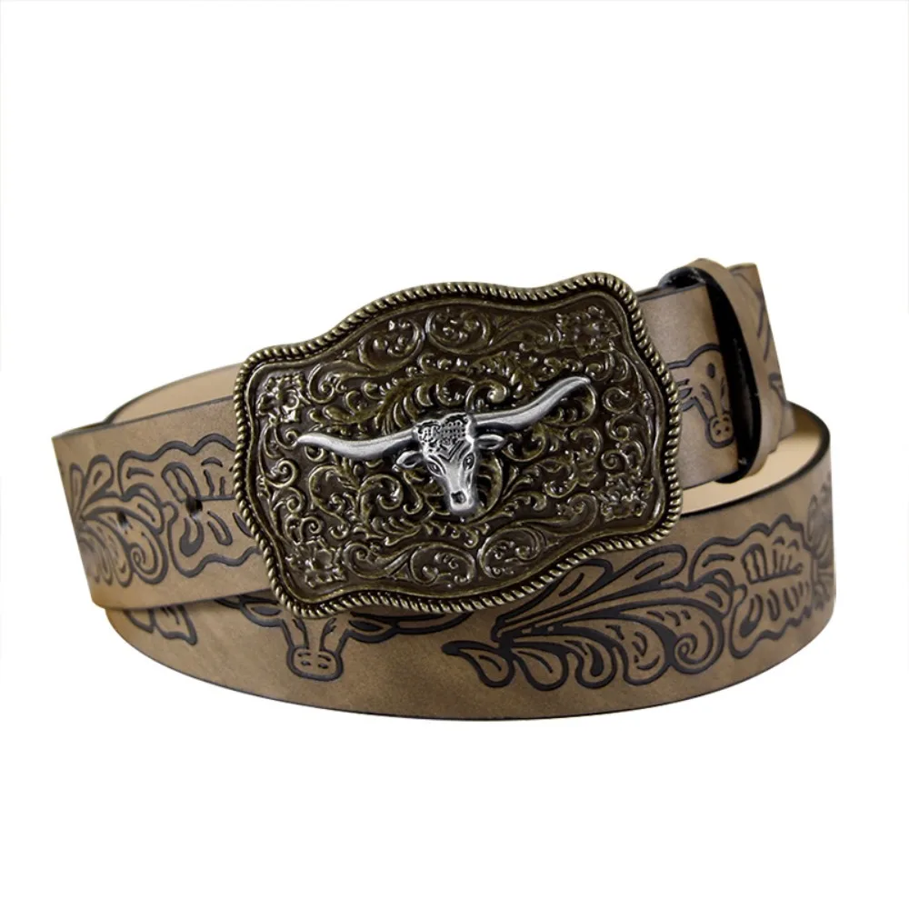 Trendy Carved Western Cowboy Belt Retro Vintage PU Leather Belt Cow Head Buckle Embossed Belt For Man Women