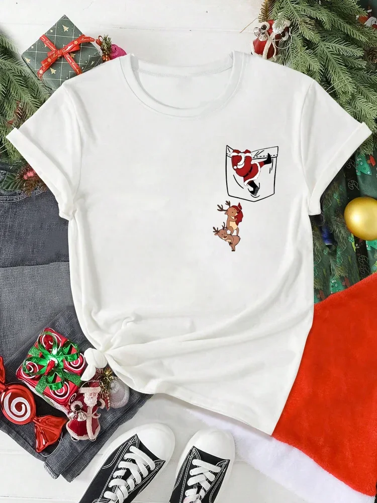 Feliz natal feminino t camisa engraçado papai noel rena bolso impresso t camisa casual feminino adequado para toda a temporada