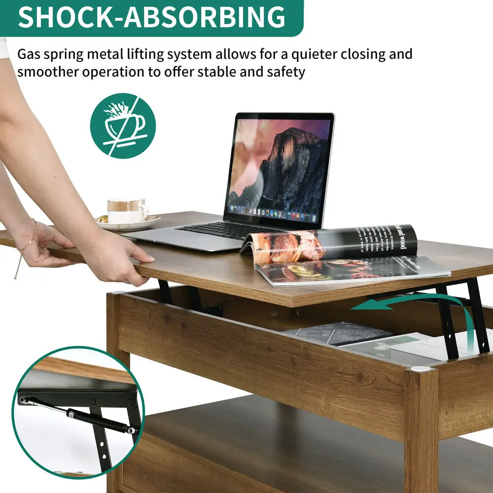 2 Drawer Lift Top Coffee Table Wooden with Hidden Compartment & Storage Shelves