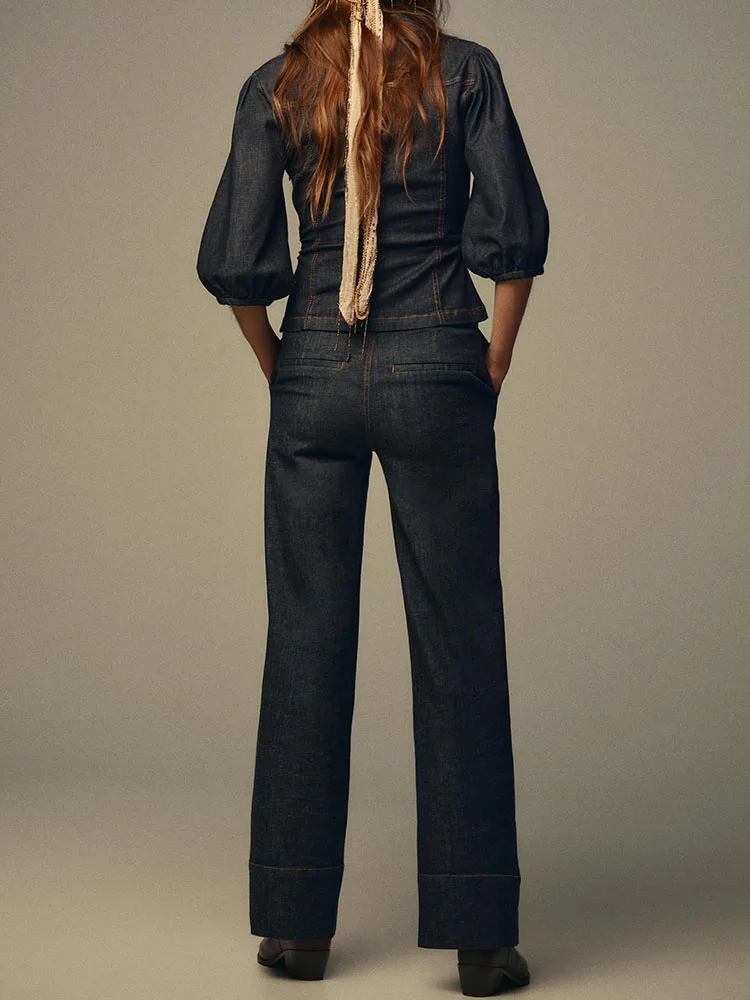 جديد وصول الخريف المرأة فقاعة Sve irt عالية الخصر الجينز 2025 الموسم Faion ملابس السيدات المرحلة العرقية زي