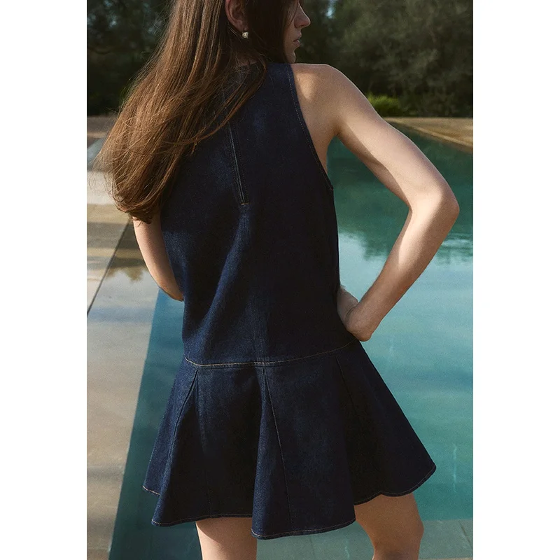 Spring Summer Women's Gored Decorative Cotton Svel round Ne A-Line Flared Skirt Denim Dr Casual Sle ort Skirt