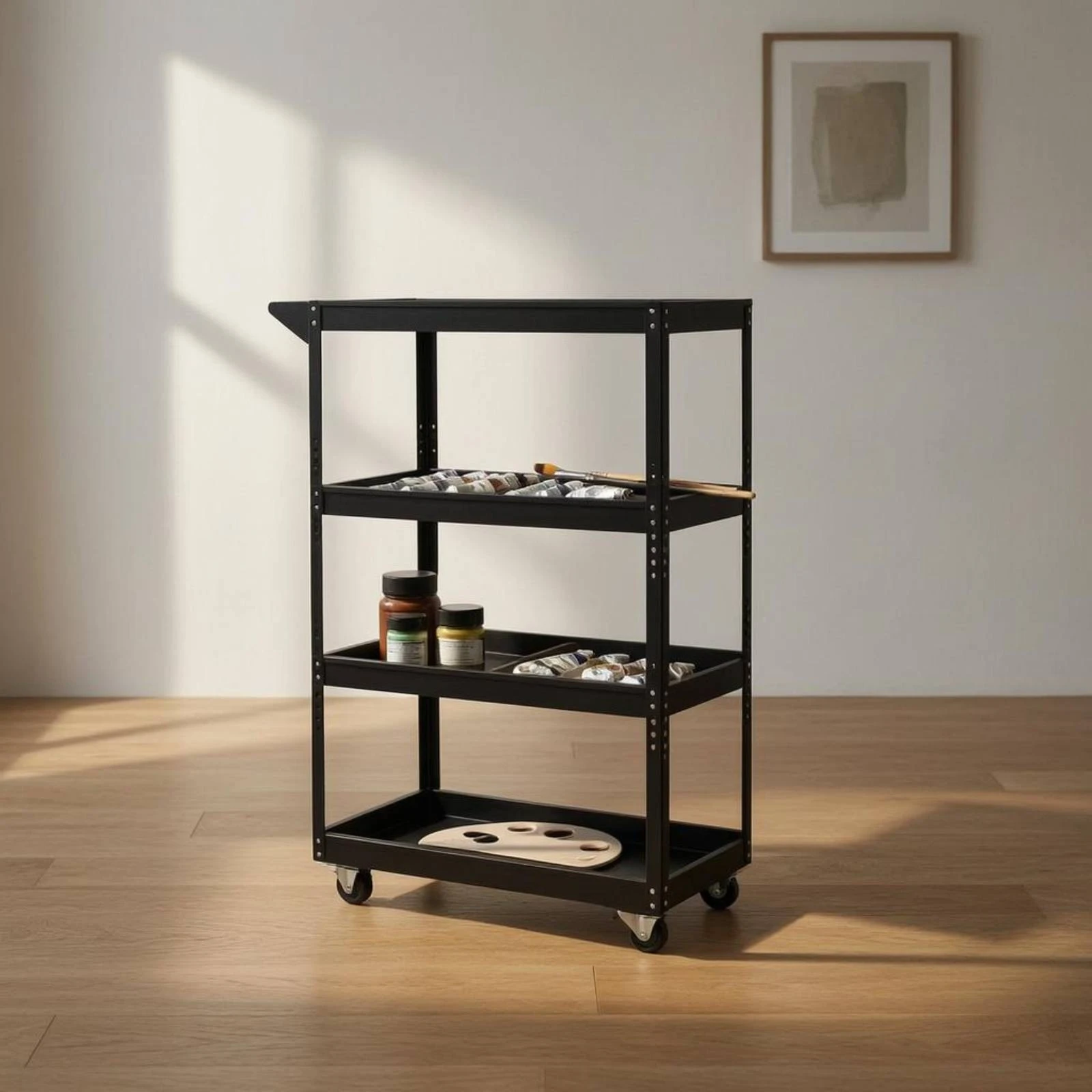 Art Supply Cart Perforated Side Metal Rolling Cart Household Storage Raised Tray Edges Uncovered Tiers view 6