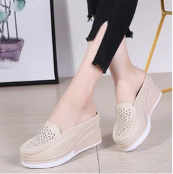 2023 Hot Summer Women Platform Slipper Pattern Floral Flats Breathable Leather Casual Shoes Slip-on Comfortable Nurses Shoes