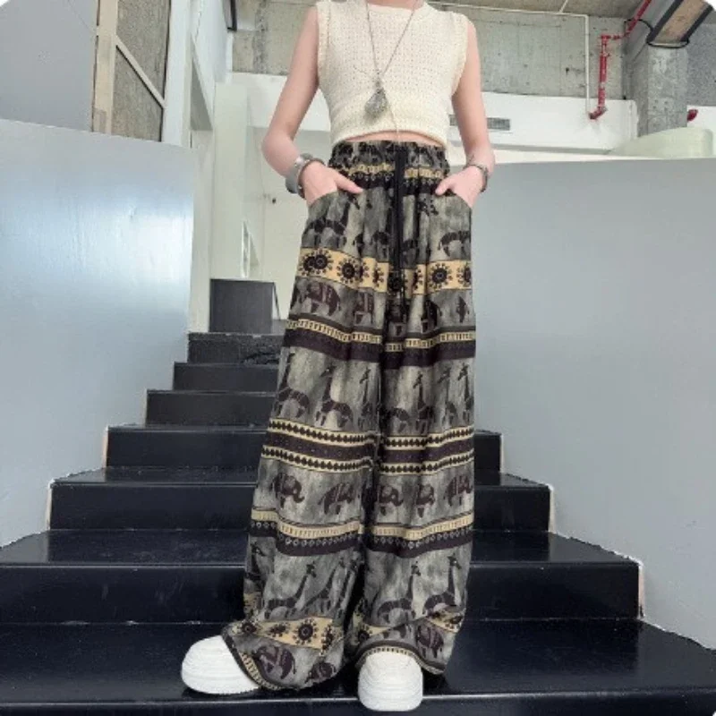 

2025 Girls' Summer New Thin Ice Silk Full Printed Wide Leg Mosquito Resistant Pants