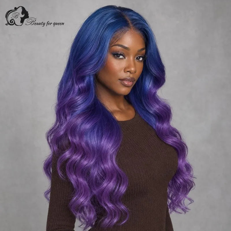 Blue Purple Ombre Body Wave Wig Mid Length Elegant 180 Density Cuticle Natural Hairline Everyday Hot Heat Resistant Wear And Go