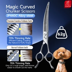 Fenice 7 Inch 440C Pet Grooming Curved Chunker Shears Magic Treceless Scissors 70% Hairdressing Thinning Rate for Dog/Cat Beauty