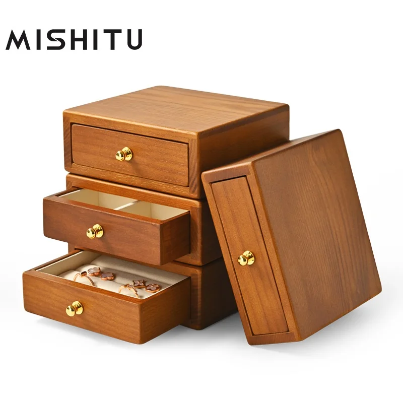 

MISHITU Solid Wood Jewelry Case For Ring Earrings Necklace Bracelet Watch Rectangle Jewelry Box Display 13*12*4.8CM