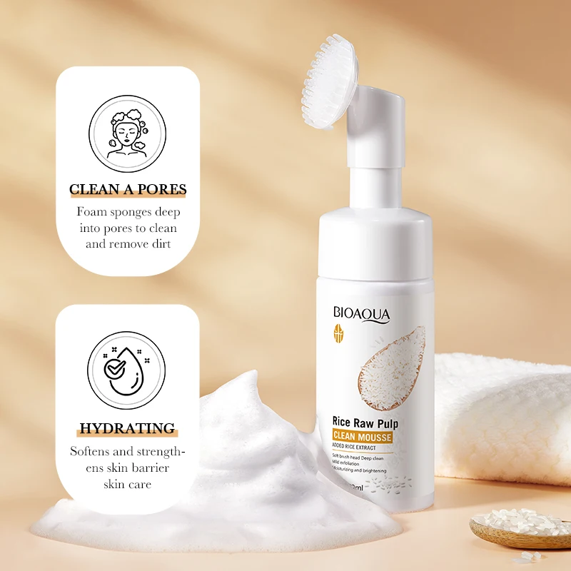 120 ml BIOAOUA Rice Raw Pulp Foaming Facial Puree Cleansing Mousse Beruhigender Gesichtsreiniger mit Bürstenkopf Clear Face Wash