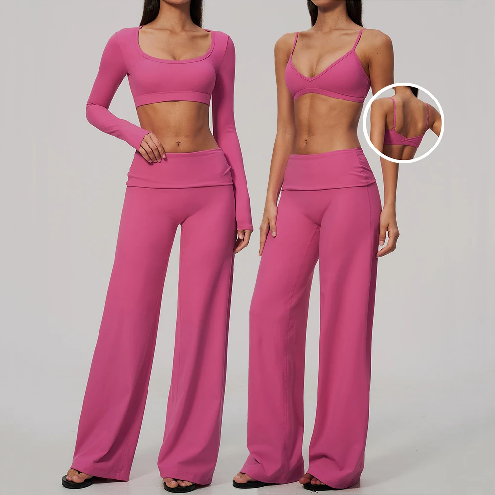 Womens 2Pcs Yoga Set Gym Clothing Fitness Suit Workout Tracksuit Running Sportswear Outfits High Waist Wide Leg Long Sleeve Set