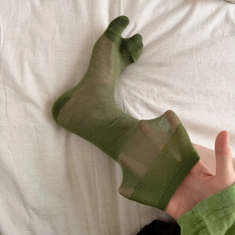 New Green Long Tabi Socks Japanese Style Women Two Toe Sock Summer Thin Mesh Breathable Combed Cotton Calf Socks for Flip Flops