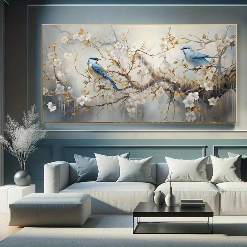 Frameless Canvas  Modern Abstract Blue Hawk Eye Sail Painting, Elegant Bird and Flower Design, Perfect for Living Room, Bedroom,