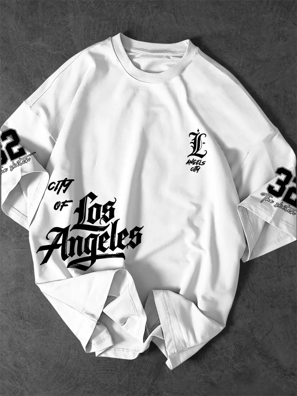 American style new men's summer Los Angeles 32 letter printed micro elastic breathable round neck T-shirt outdoor street top