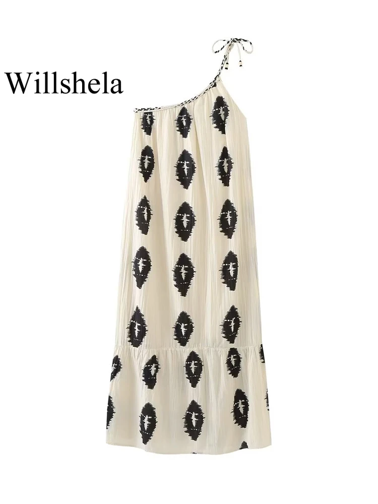 Willshela Women Fashion Printed Pleated Backless Lace Up Midi Dress Vintage One Straps Asymmetrical Female Chic Lady Dresses