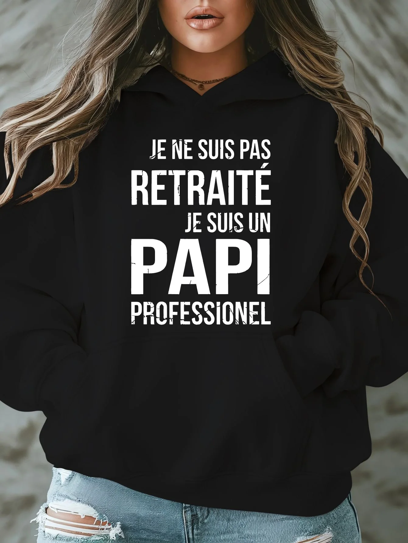 سويت شيرت كاجوال بغطاء للرأس مع جيوب، بلوفر بأكمام طويلة مع طباعة حروف، قماش محبوك، هوديي فضفاض بقلنسوة