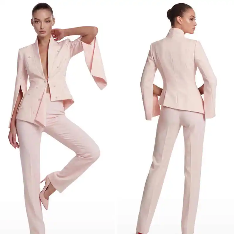 Unique Design Women Suits 2 Pieces Jacket Pants Shawl Collar Pearls Lady Formal Occasions Business Banquet Party Customized