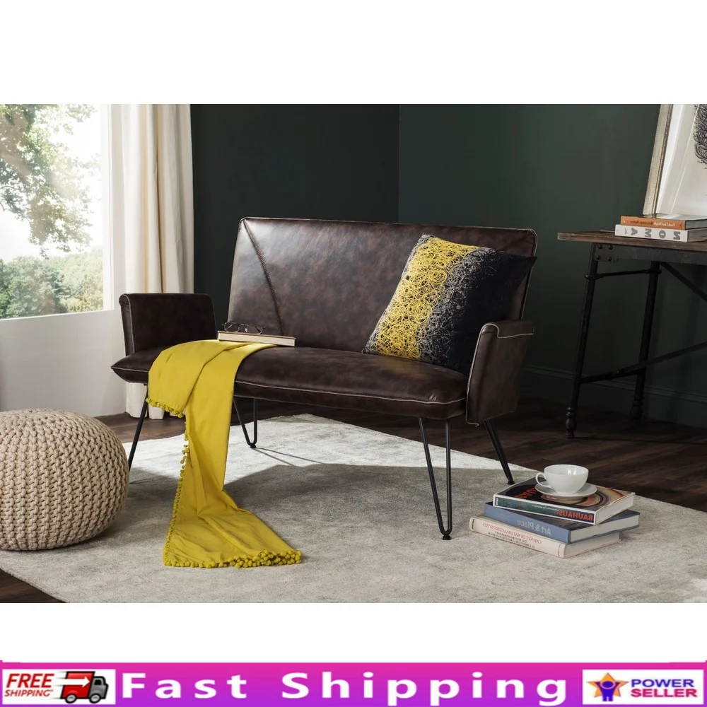 

Современный кожаный диван середины века в стиле ретро, античный коричневый, черный, мягкий диван, прочный металлический каркас, сиденья для дома, 2 человека