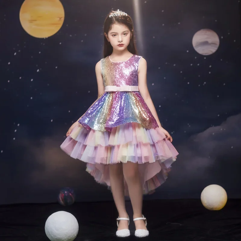 Summer Girl Princess Dress Children\'s Colorful Sequin Fluffy Mesh Dresses Role Play Party Flower Ceremonial Dress 6-12T Dresses
