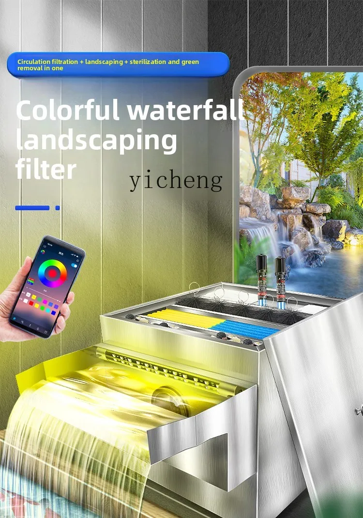 

Stainless steel waterfall water outlet fish pond 7 lanterns water circulation system filter device courtyard landscaping
