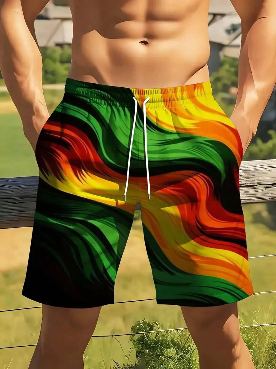 

Mens Colorful Abstract Pattern Swim Shorts With Drawstring Waist For Leisure And Sports