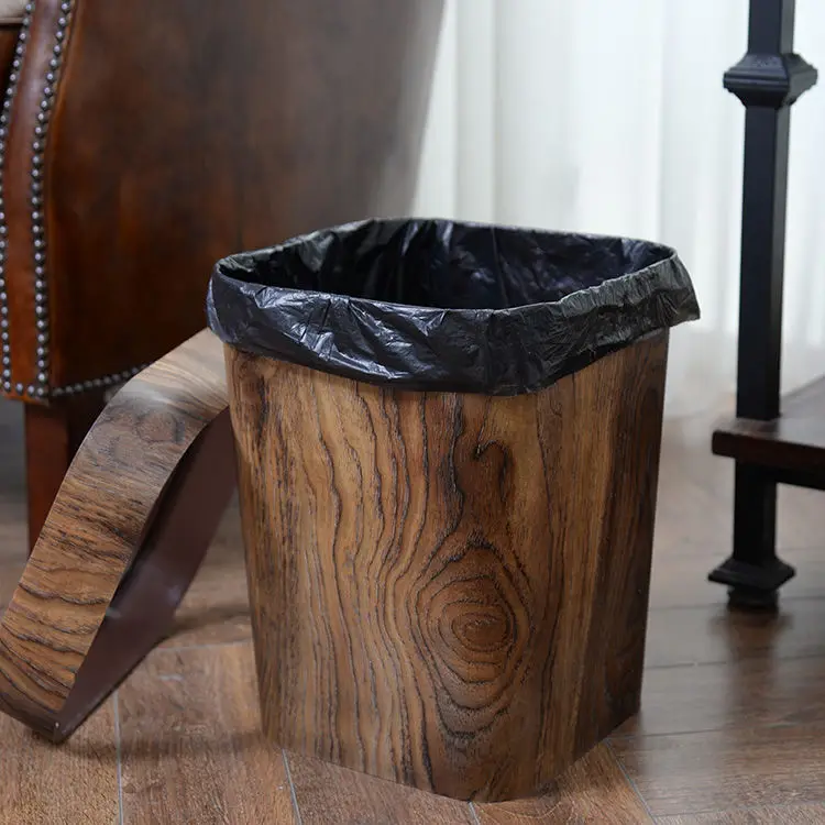 Wood Grain Retro Trash Can Home Kitchen Living Room Garbage Bin Office Toilet Paper Basket Bathroom Bedroom Supplies