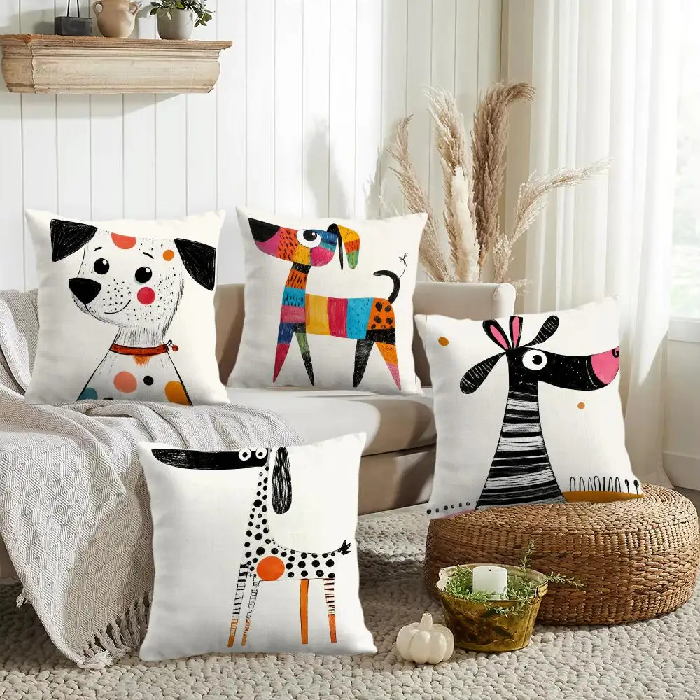 Whimsical Patchwork Dogs Cushion Cover Silky Short Plush Invisible Zipper Dustproof Sofa Pillow Case for Home Decor