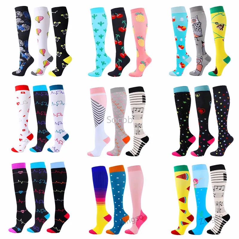 3 Pairs Compression Stockings Women Medical Cycling Socks Running Football Basketball Knee High Socks Natural Hiking Diabetes