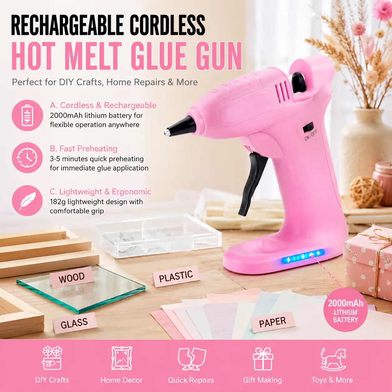 

Cordless Rechargeable Glue Gun Portable and Lightweight with Smooth Glue Flow Ideal for DIY Crafts Home Repairs and Craft Making