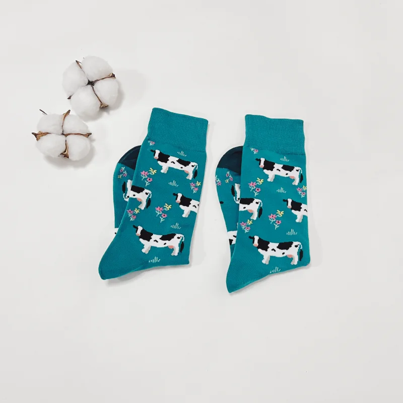 1 Pair Of Men\'s Novelty Cartoon Milk Cow Pattern , Breathable Comfy Casual Unisex Socks For Daily