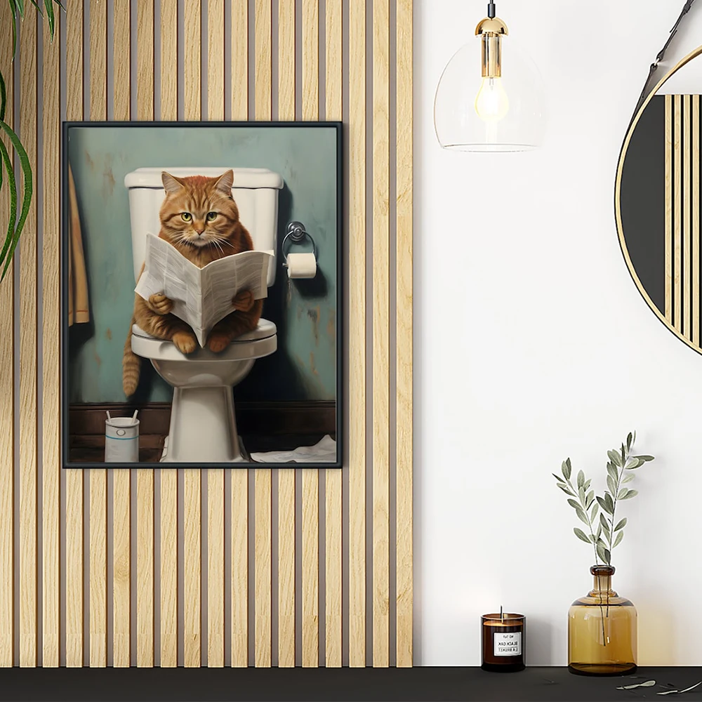 Funny Cat on Toilet Reading Newspaper Wall Art Canvas Painting Nordic Posters And Prints Animal Pictures for Bathroom Room Decor