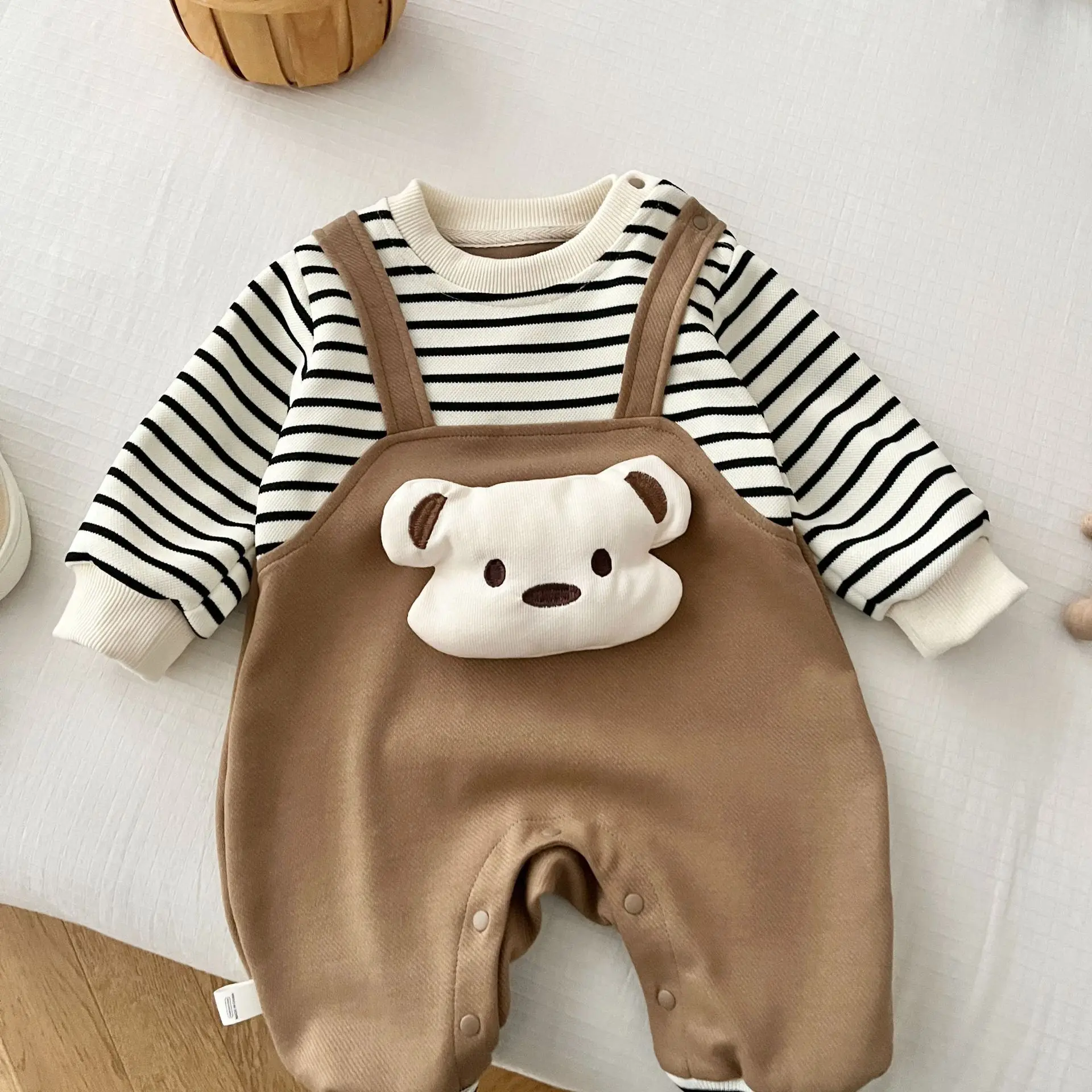 2024 Spring Autumn Kids Newborn Boys Romper - Infant Baby Striped Fake Two Pieces 3D Bear Jumpsuits 0-24M