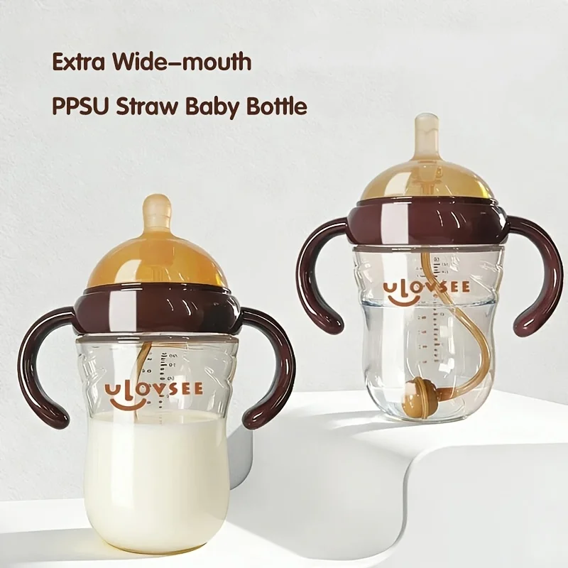 240ml/300ml Extra-wide Neck PPSU Baby Bottle with Weighted Straw and Handle, 2-in-1 Use Drop-Resistant Feeding Bottle