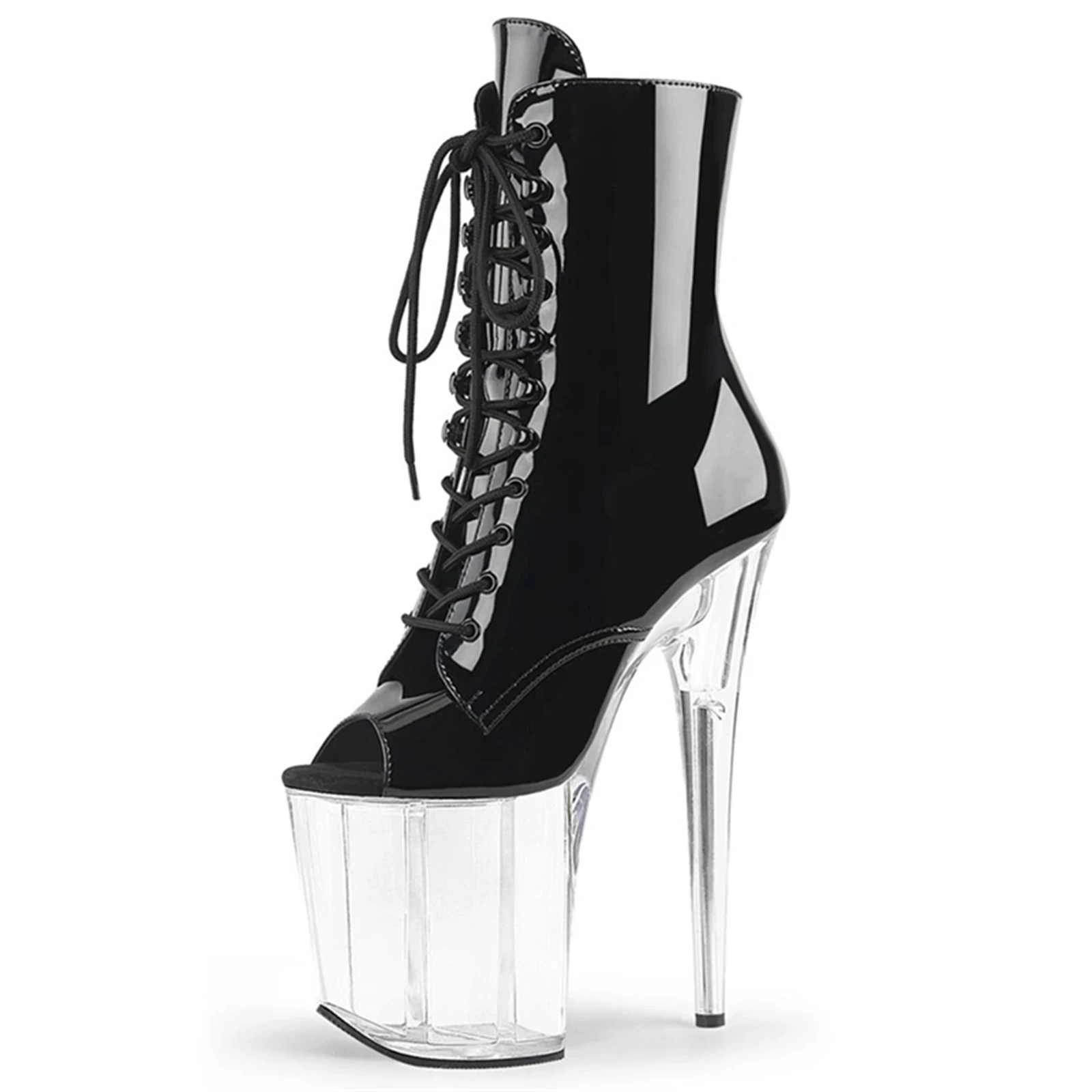 

Black Peep Toe Lace-Up Ankle Boots 20CM Clear Platform with Extreme Heel for Pole Dance Shoes