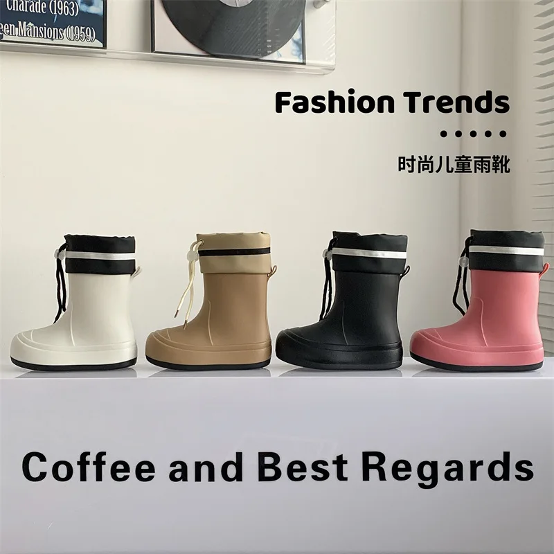 Children's Rain Boots with Drawstring Cuffs—Outdoor School Shoes, Casual Water Play Shoes, Non-Slip Mid-Calf Family Rain Boots