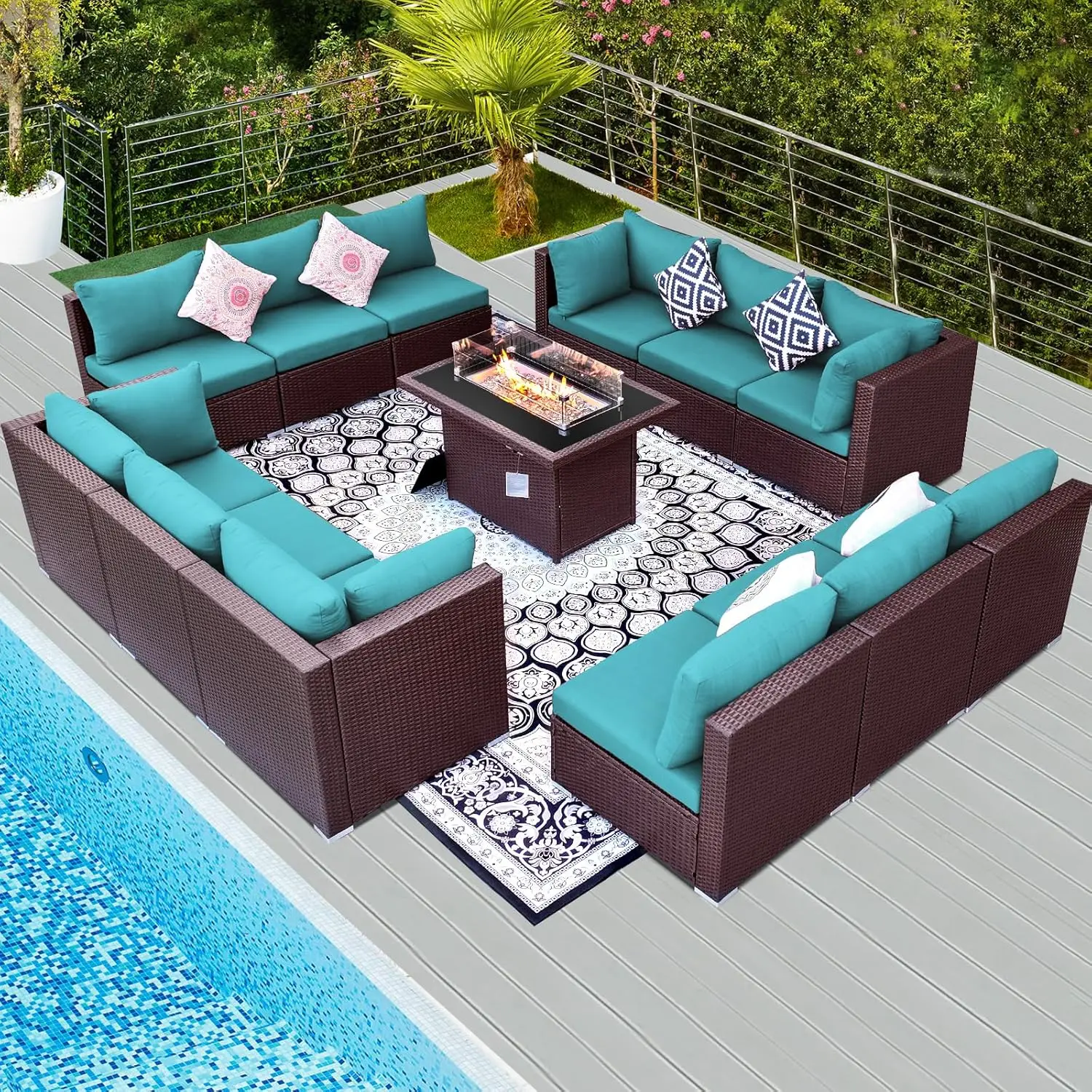 PE Wicker Patio Furniture Sectional High Back Large Size Sofa Sets with Propane Fire Pit Table Balcony Lounge Conversation Sets