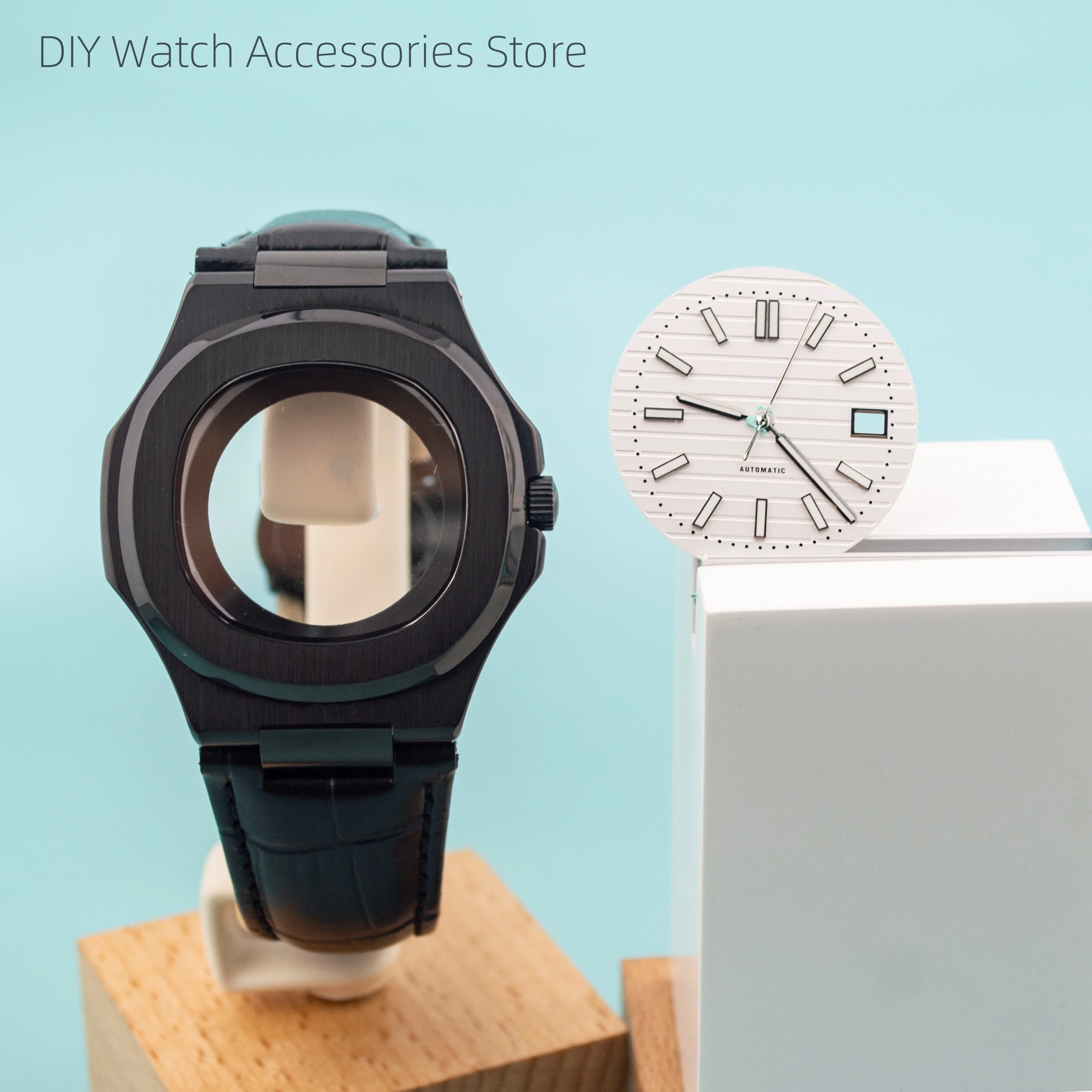 41mm Watchcase PVD Black Stainless Steel Case Genuine Leather Strap For Nautilus NH35 Automatic Movement Parts Replacements