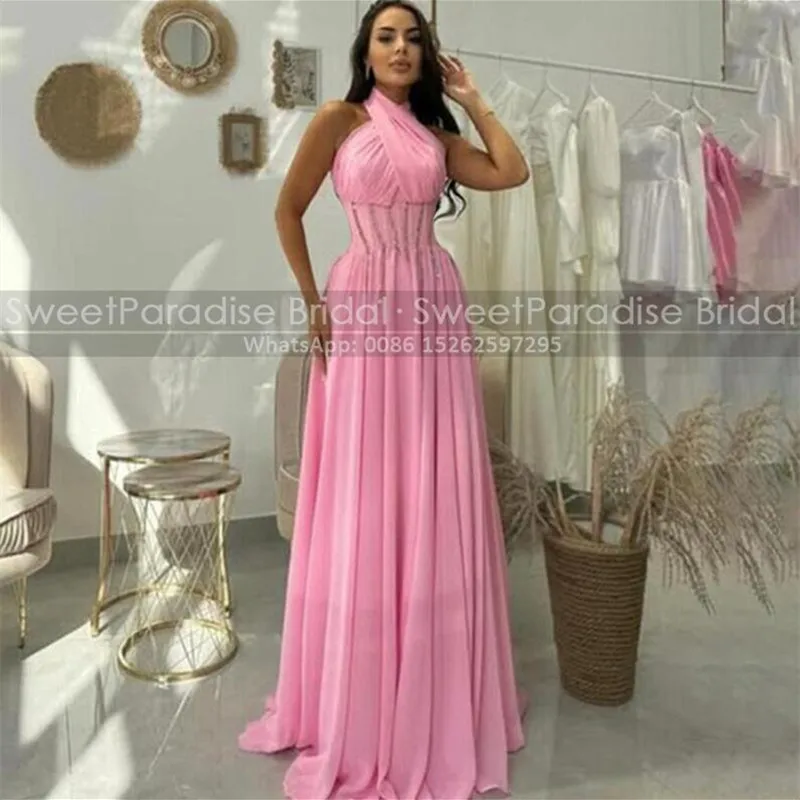 

Pleat A Line Prom Dresses Long Criss Cross Neck Pink Chiffon Sleeveless Customized Evening Dress Party For Women