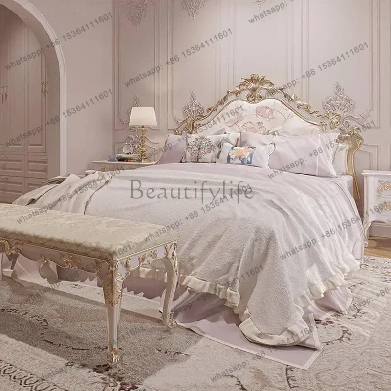 PG Design White European Double Bed Frame Decoration Modern Pliable European Double Bed Luxury Wooden Cama Matrimonial Furniture