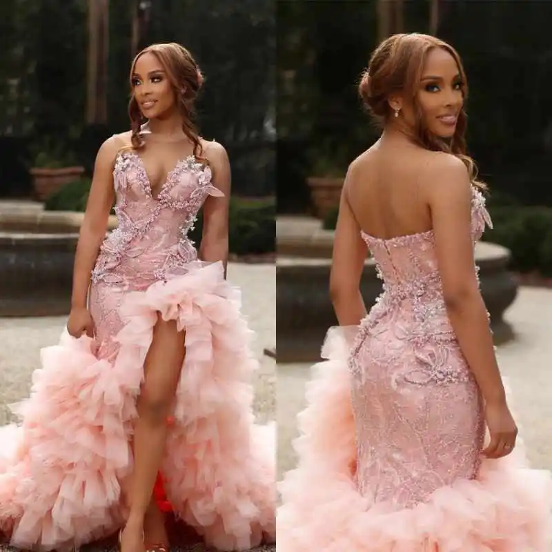 Vestido de Noche de Lujo Rosa para Fiesta de Gala, Estilo Sirena, Sin Tirantes, con Abertura Alta, con Plumas, Largo hasta el Suelo, Vestido de Noite Personalizado