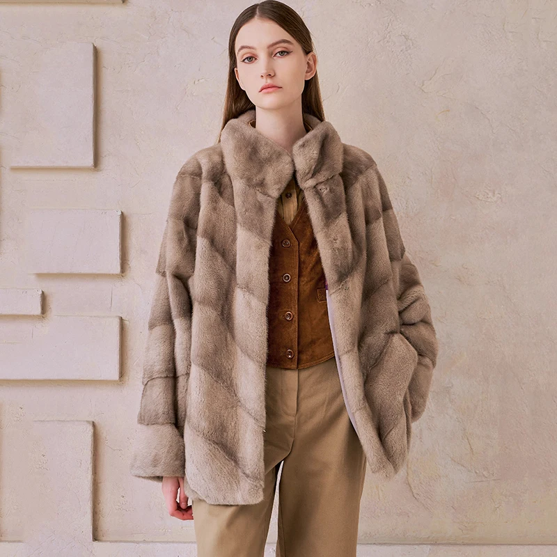 冬用輸入スワンベルベットミンクファーコート、マンダリンカラー、ミンクコート、女性用ソフトルーズショートナチュラルリアルミンクファーコート