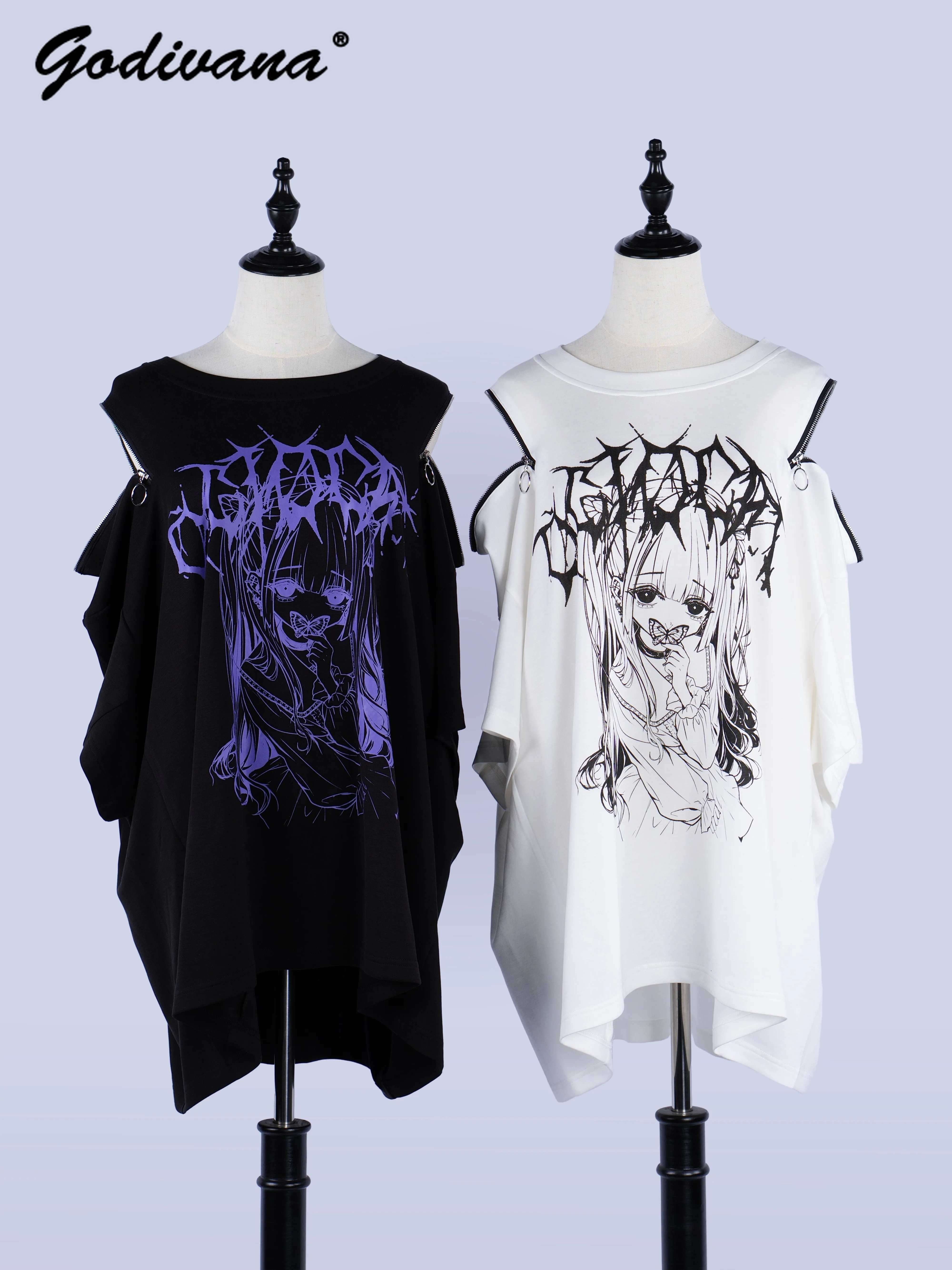 Zipper Off-shoulder Printed Subculture Lyocell Short Sleeve Top Oversized T-shirt Y2k Girls Female Casual Tee Shirts