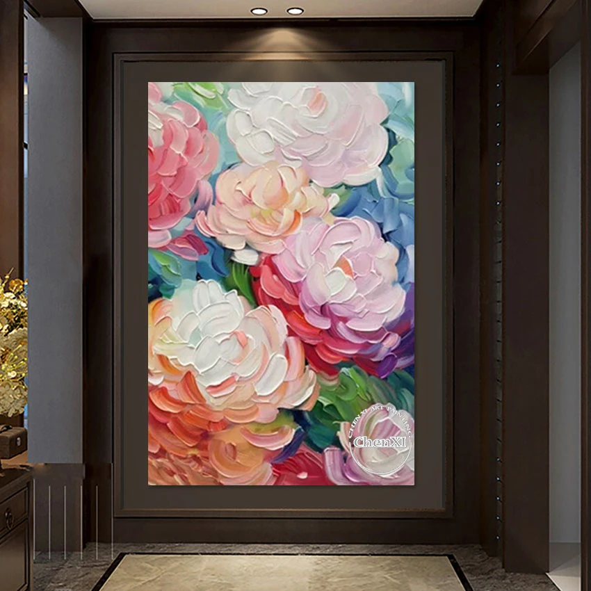 Luxury Wall Decor Pieces Colorful Peony Flowers Knife Abstract Oil Painting Classical Murals Wall Art For Home Decoration