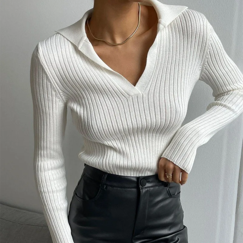 

Talenza Knitted White Pullover Women's Fall Lapel Pullover Knitted Top Elegant Slim Long Sleeve Ribbed Bottoming Pullover Top