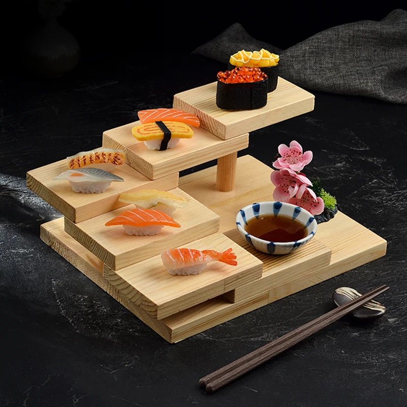 

Japanese cuisine sushi plate hotel artistic conception square creative ladder barbecue hot pot wooden plate rising step by step