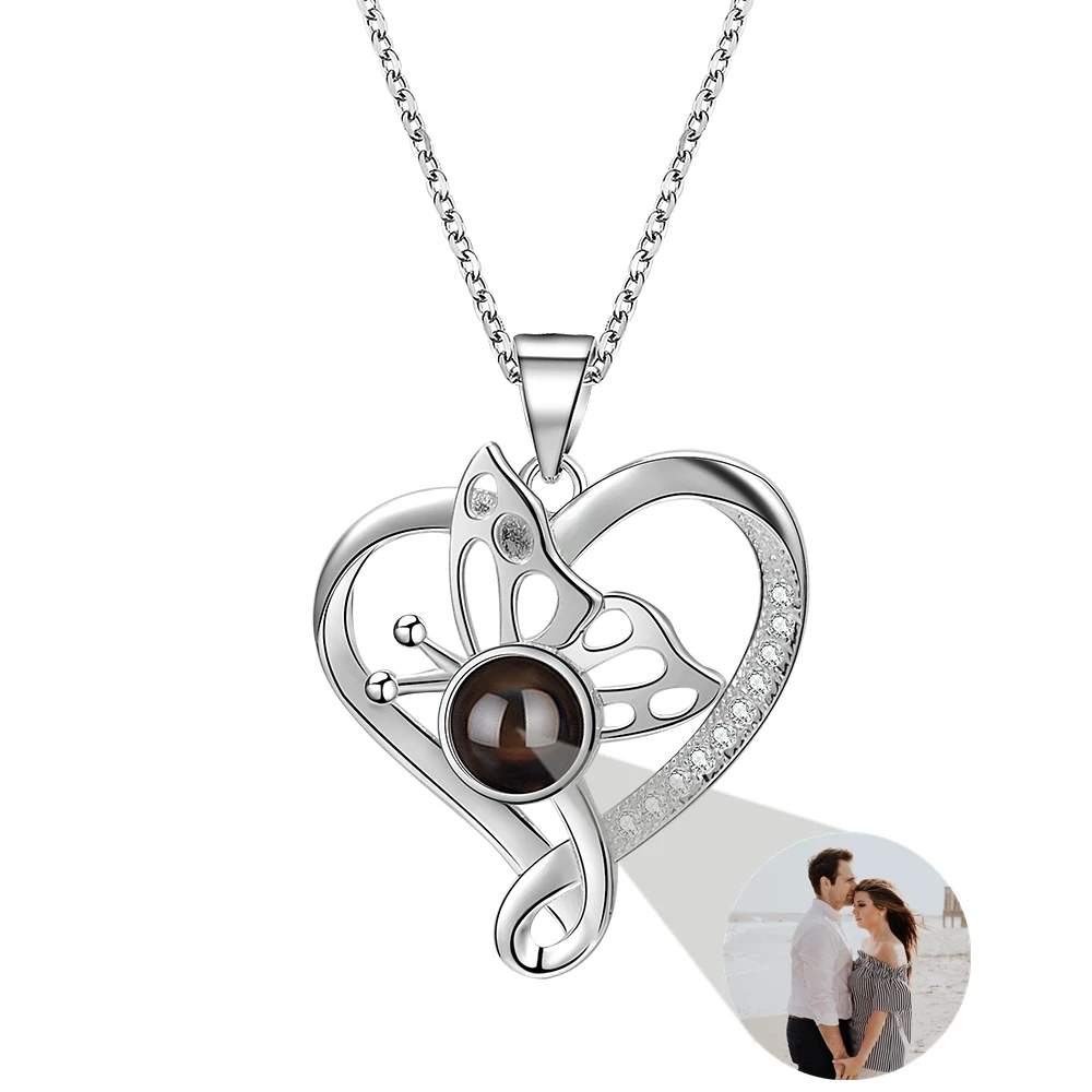 Personalized Custom Photo Projection Photo Necklace for Women Heart Butterfly Pendant 925 Sterling Silver Chain Memorial Gift
