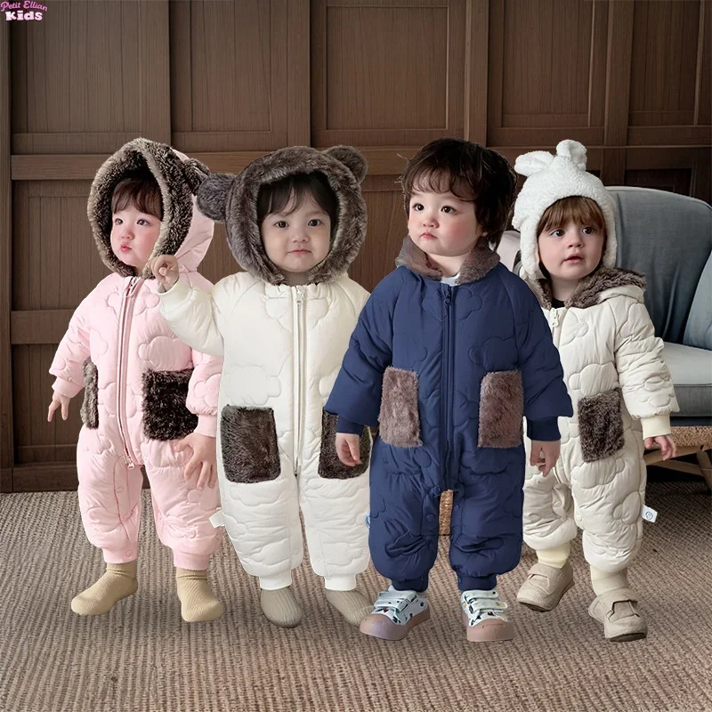 

2025 New Style Newborn Baby Boys Girls Fleece Lined Warm Jumpsuit 0-3Y Hooded Bear Ear Winter Snowsuit Infant Outerwear Romper