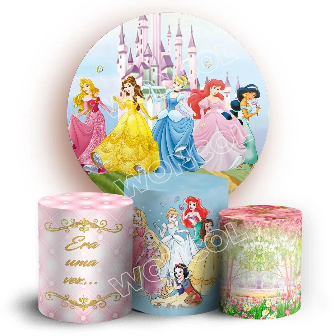 Disney Castle Princess Round Cover Belle Cinderella Ariel Aurora Birthday Backdrop Disney Princess Cylinder Cover Photocall Prop